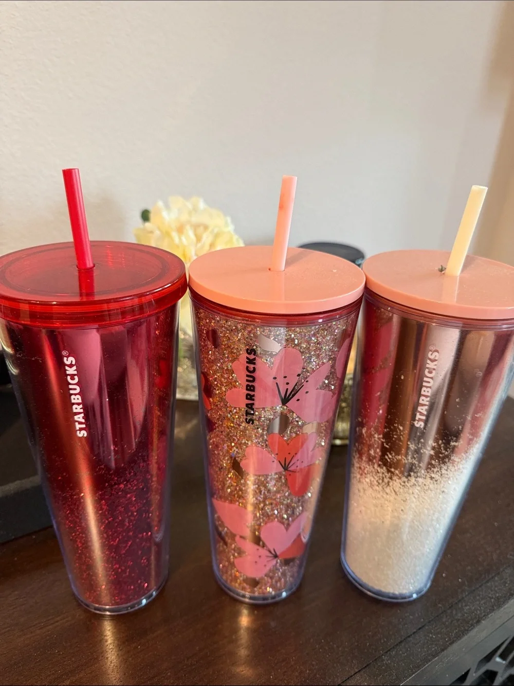 Starbucks Red, Pink and Rose Gold Glitter Cold Cup Trio